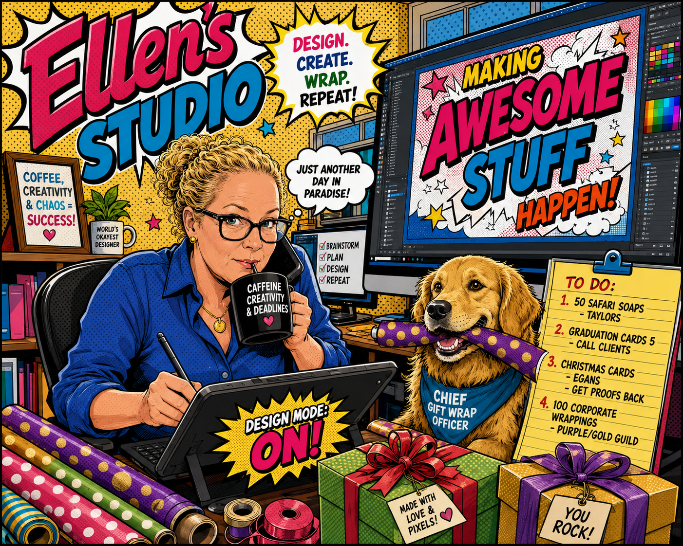Illustrated portrait of Ellen in her creative studio